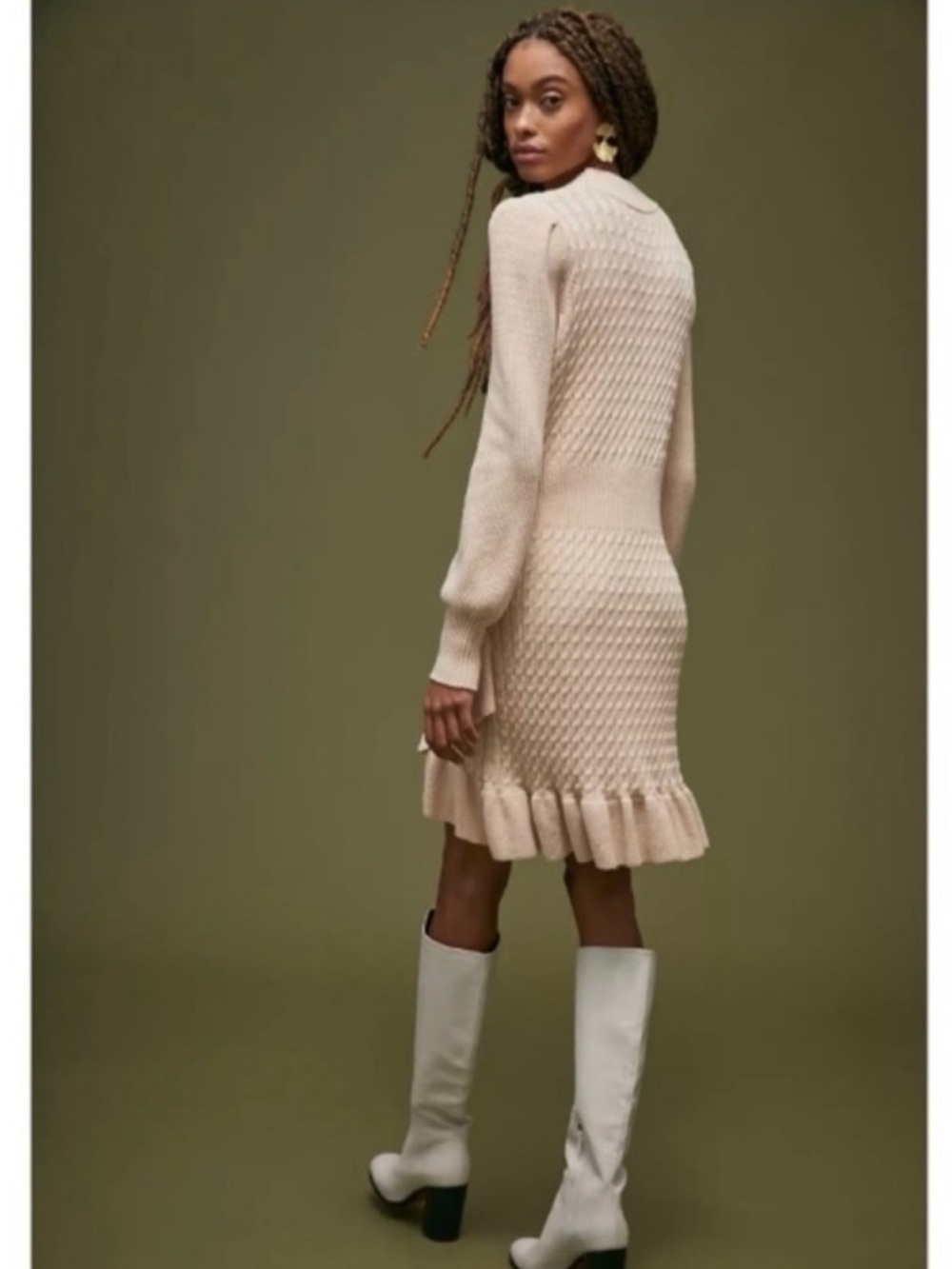 Anthropologie Knit Ruffle-Hem Sweater Dress in Cream